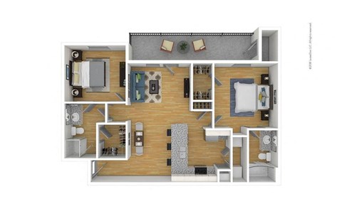 Floor plan for 2 beds, 2 baths, 950 sqft